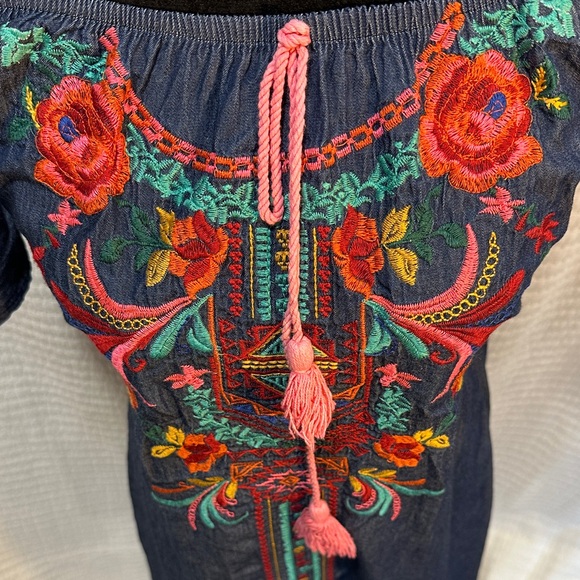 Navy Floral Embroidered On Off Shoulder Mini Dress Size Small - Picture 10 of 11